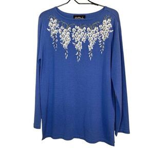 Bob Mackie Womens Wearable Art Cotton Blue Pullover Sweater